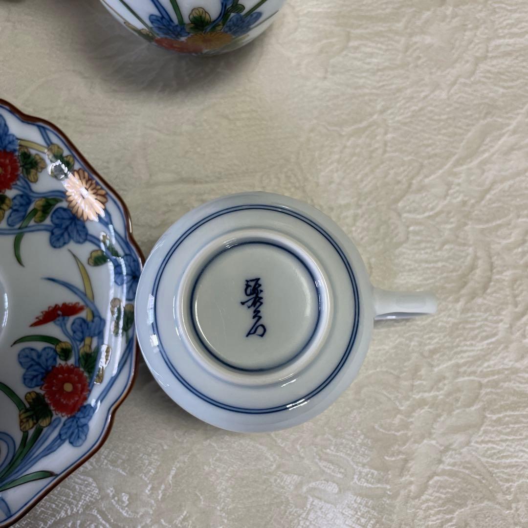 源右衛門窯　古伊万里風菊江腕皿　コーヒーカップ　シュガーポット　クリーマー