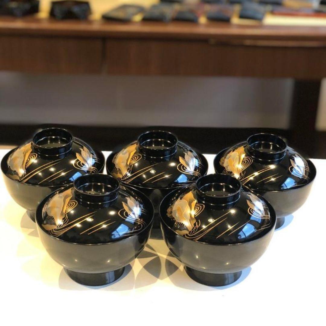 【訳あり】木製漆塗　水芭蕉磨き蒔絵吸い物椀　黒　５客組