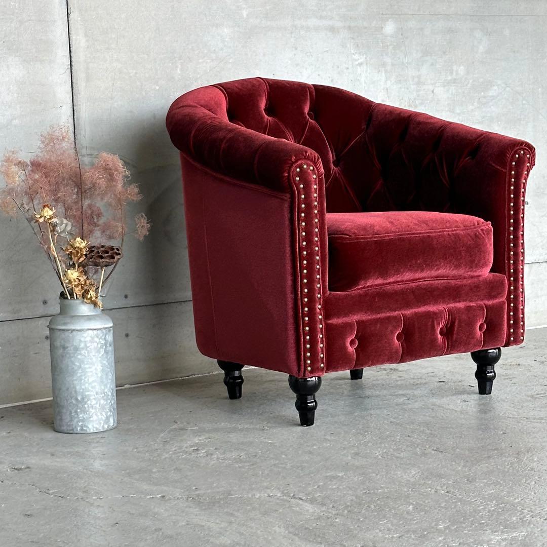 ★VINCENT★チェスターフィールド 1Pソファ ベルベット アンティーク調