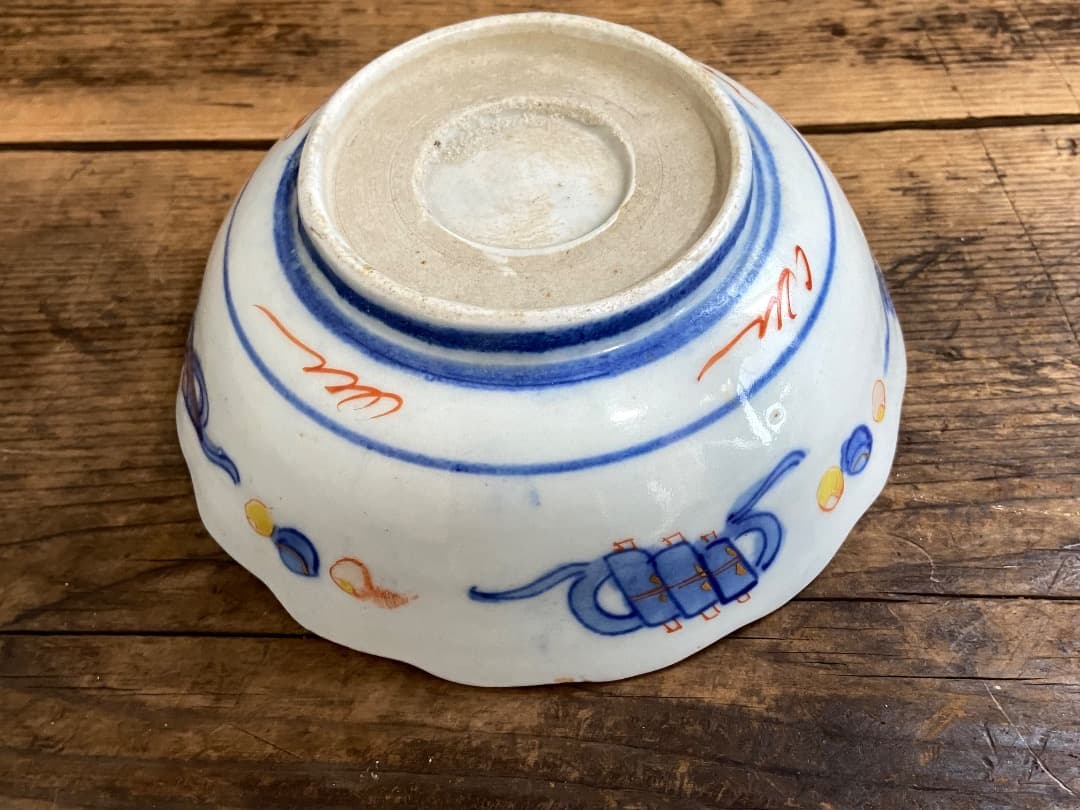 能登蔵出し 時代物 色絵 金彩 クルス窓絵文 輪花 大なます皿 2客/深皿