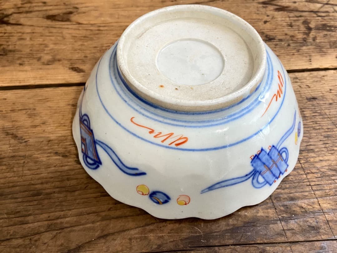 能登蔵出し 時代物 色絵 金彩 クルス窓絵文 輪花 大なます皿 2客/深皿