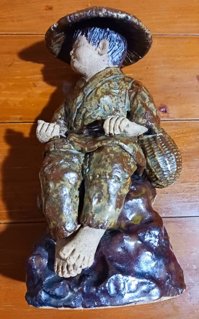 瀬戸焼 増田重幸 陶器製 釣童子 木箱付き レアオブジェ レトロ