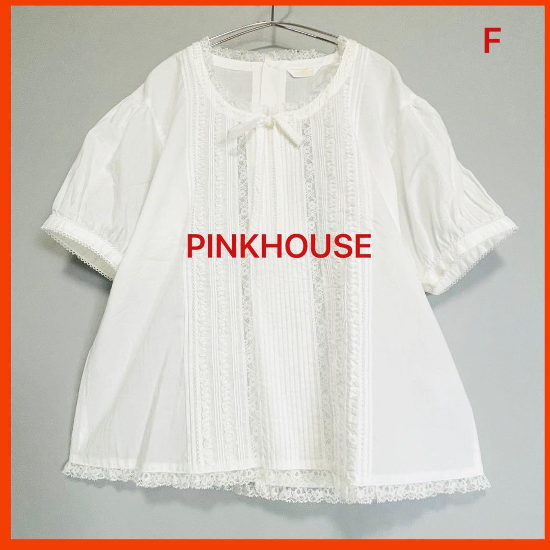 PINK HOUSE 綿レース半袖ブラウス ピンタック リボン パフスリーブ