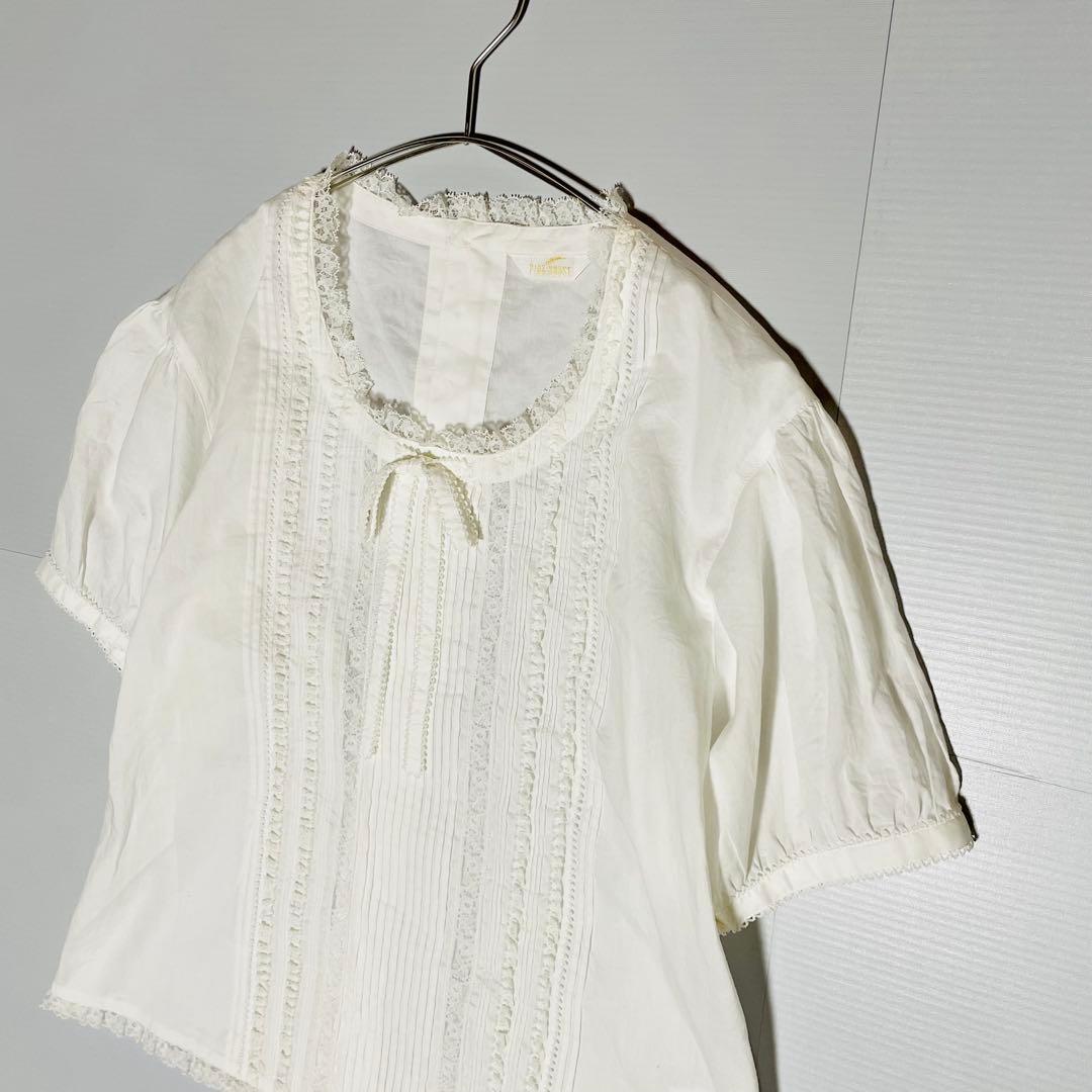 PINK HOUSE 綿レース半袖ブラウス ピンタック リボン パフスリーブ