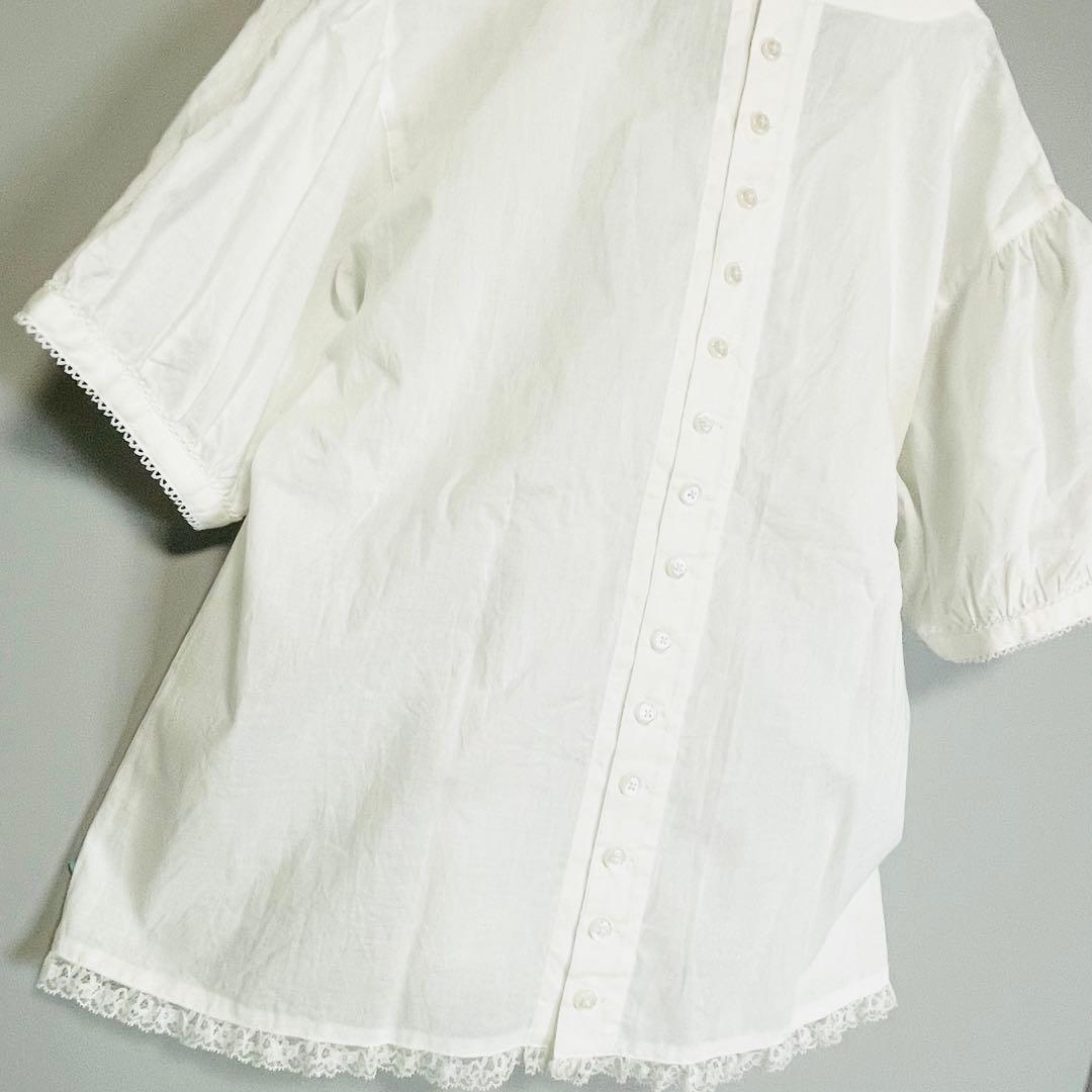 PINK HOUSE 綿レース半袖ブラウス ピンタック リボン パフスリーブ