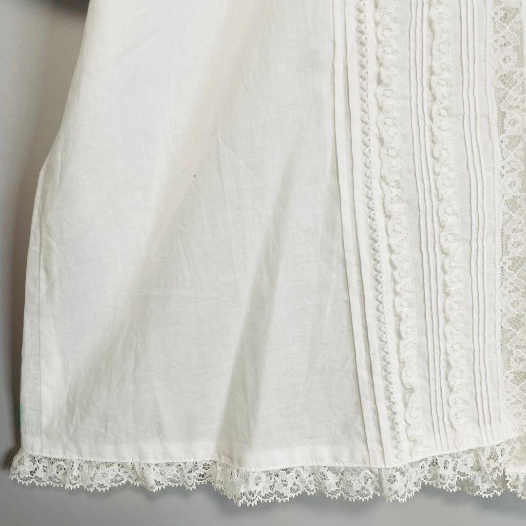 PINK HOUSE 綿レース半袖ブラウス ピンタック リボン パフスリーブ