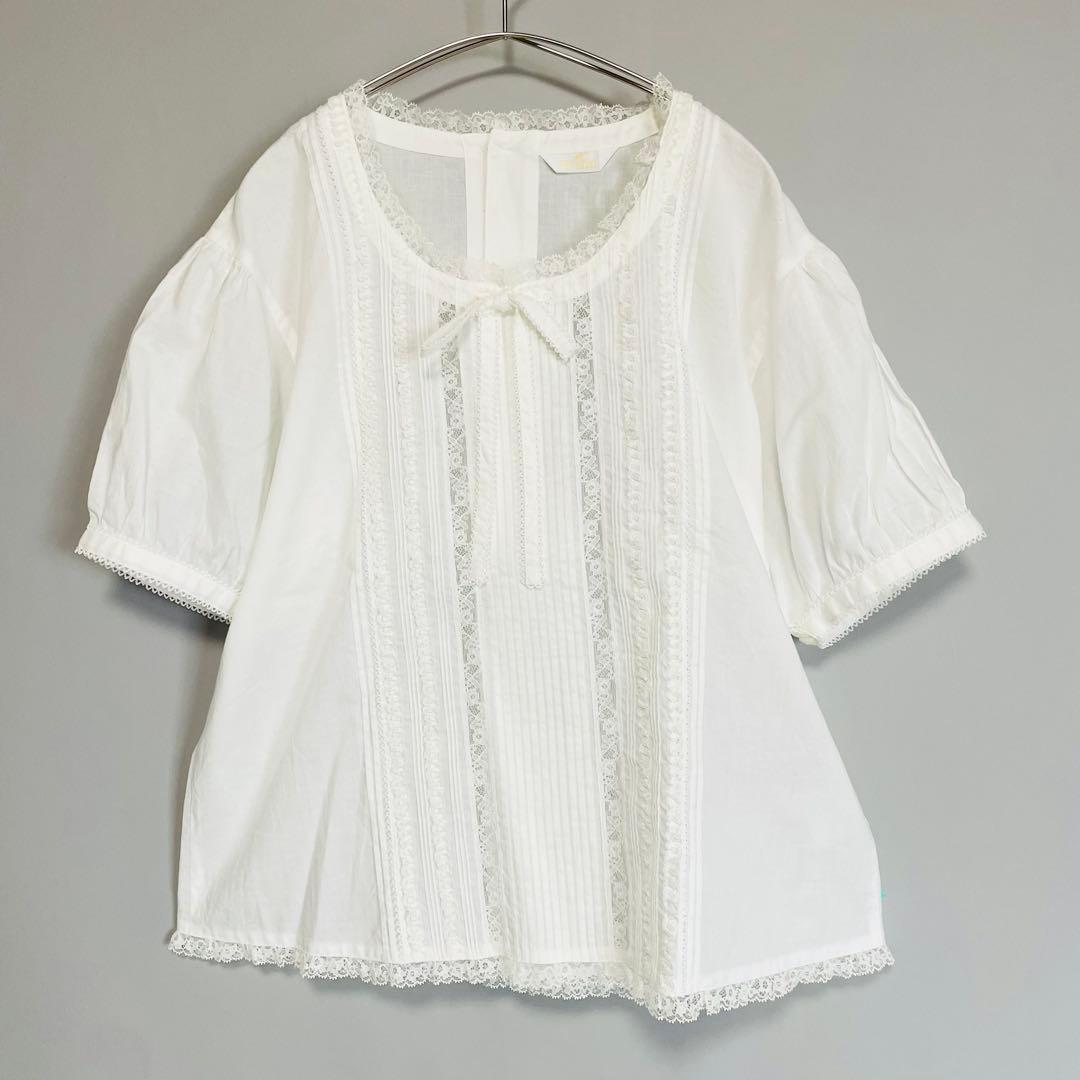 PINK HOUSE 綿レース半袖ブラウス ピンタック リボン パフスリーブ