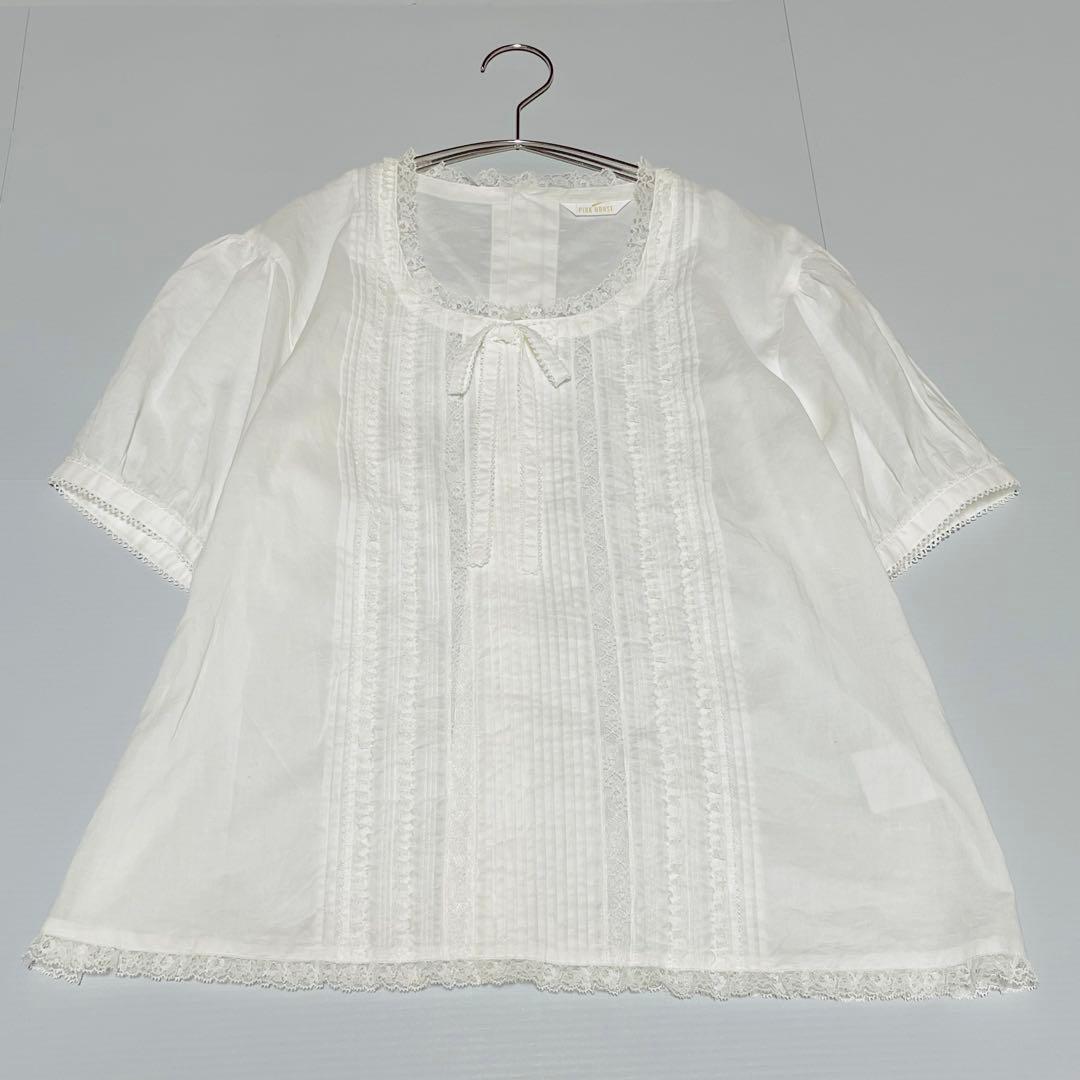 PINK HOUSE 綿レース半袖ブラウス ピンタック リボン パフスリーブ
