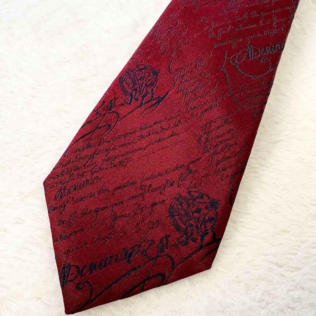 極美品　ベルルッティ　カリグラフィー　ネクタイ　シルク　ボルドー　赤　イタリア製