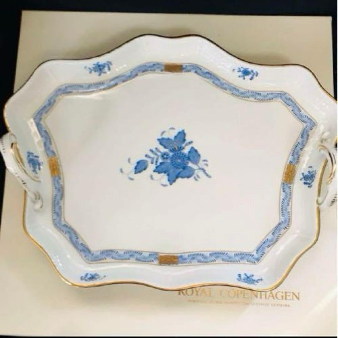 ヘレンド     アポニーブルー　持ち手付きトレイ