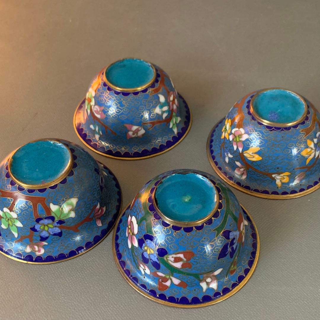 N401、中国古美術 景泰蓝 七宝焼 湯呑み ぐい呑 4客