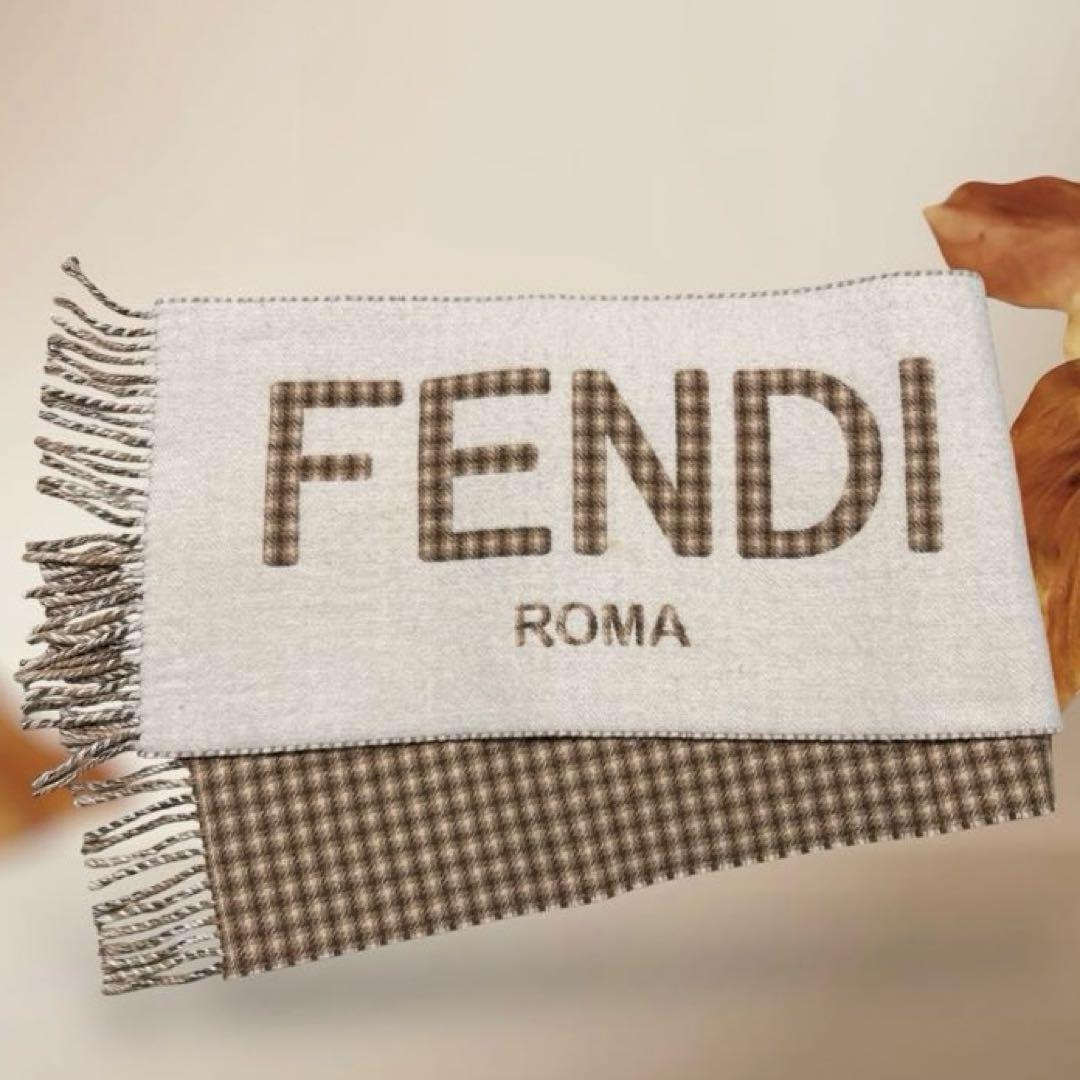 FENDI 【美品】マフラー　ロゴ　チェック柄　ベージュ　ブラウン　カシミア