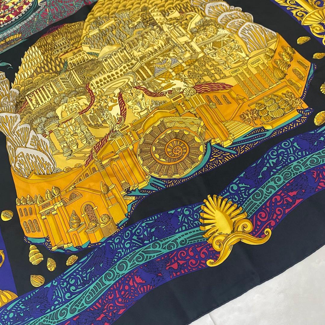 HERMES エルメス カレ90 L'Atlantide 黒ゴールド シルク