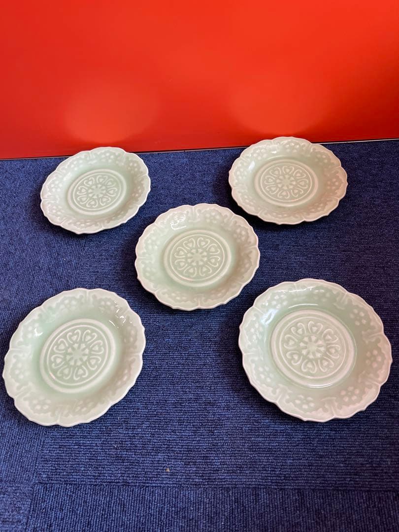 1180  江戸〜明治時期　三田焼　三田青磁　菓子皿　5客　時代物