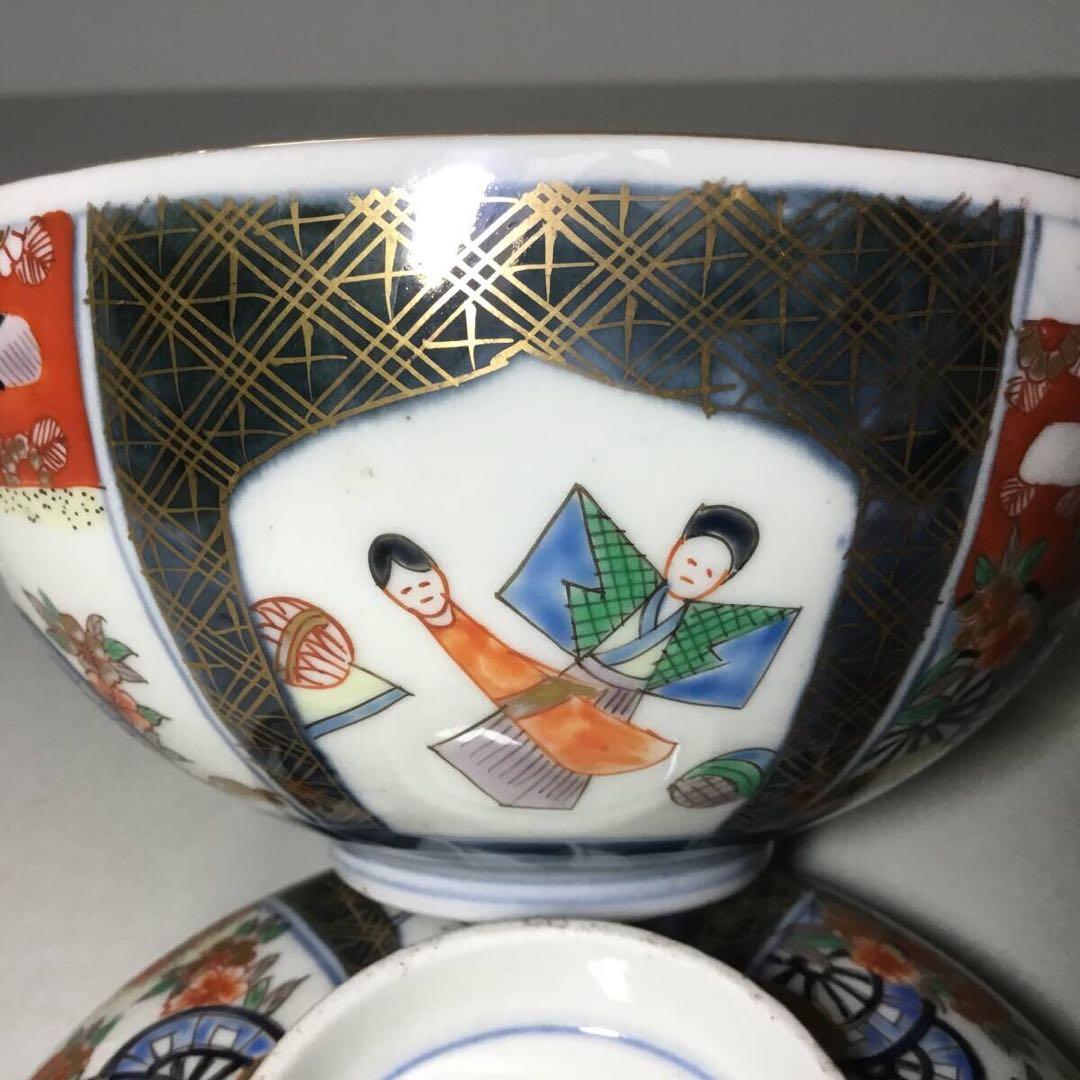 古伊万里◆雛人形文 / 蓋茶碗１客◆明治 染錦 立ち雛 雛道具 和食器