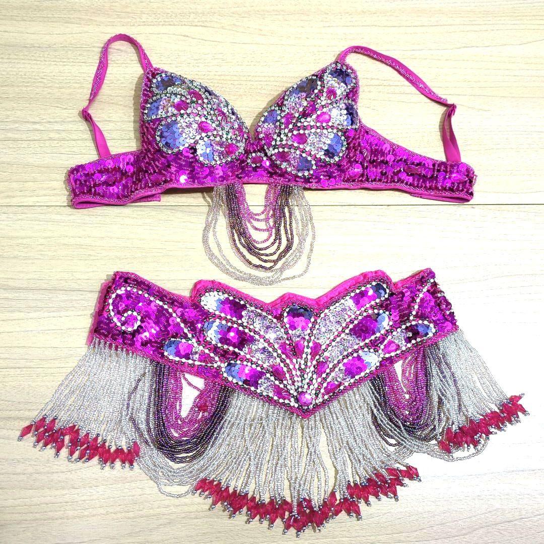 美品　ベリーダンス衣装　セットアップ　ブラベルト　ピンク