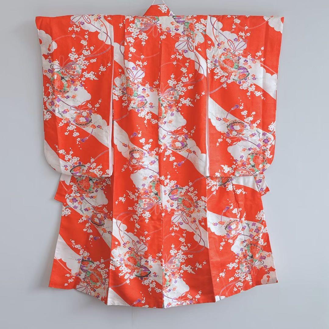 フルセット　七五三　７歳女の子　赤地梅毬　緑地袋帯　鼓　長襦袢付　小物7086