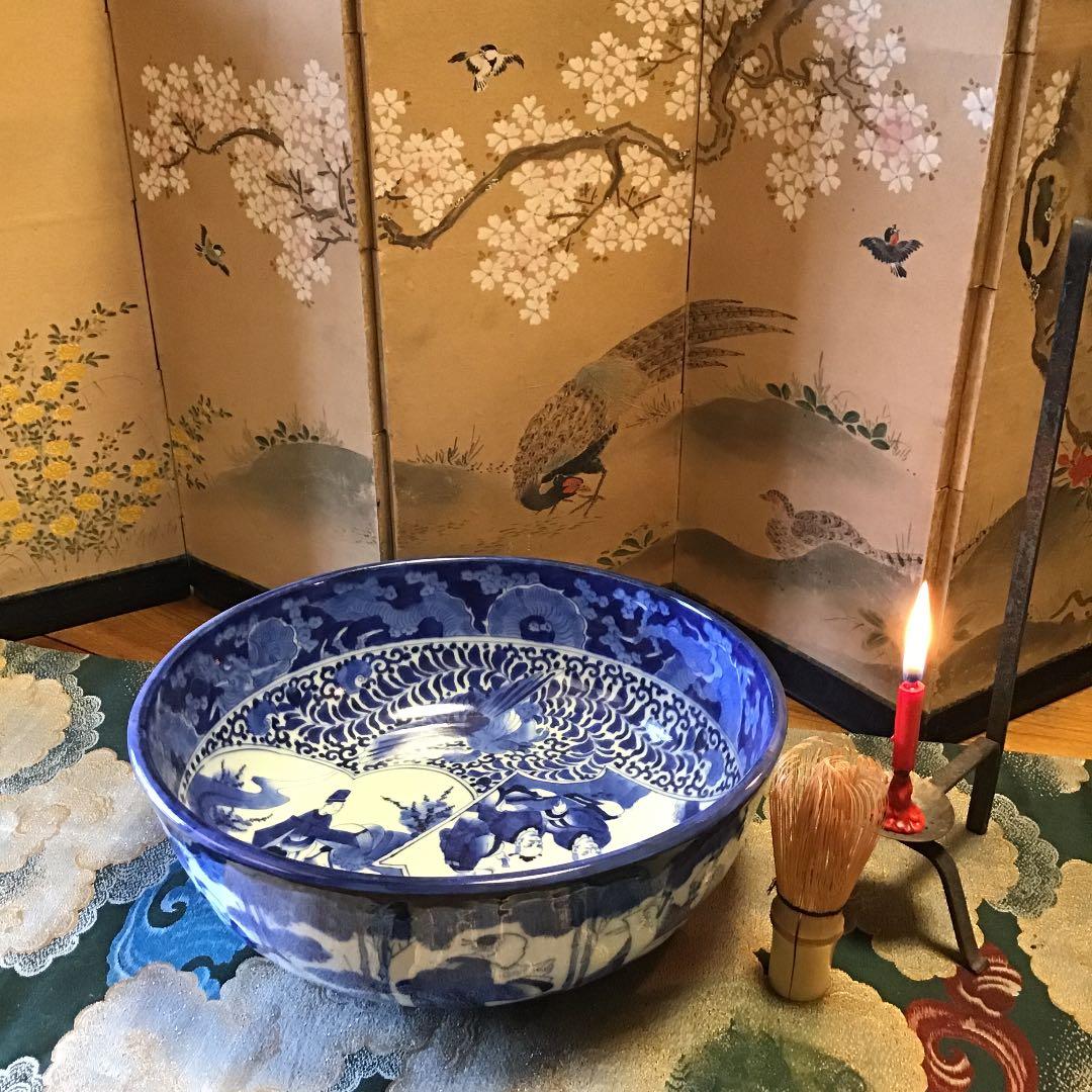 921古伊万里　染付　鳳凰に雲龍　竹林七賢人紋様　『角福』銘　大鉢　1客