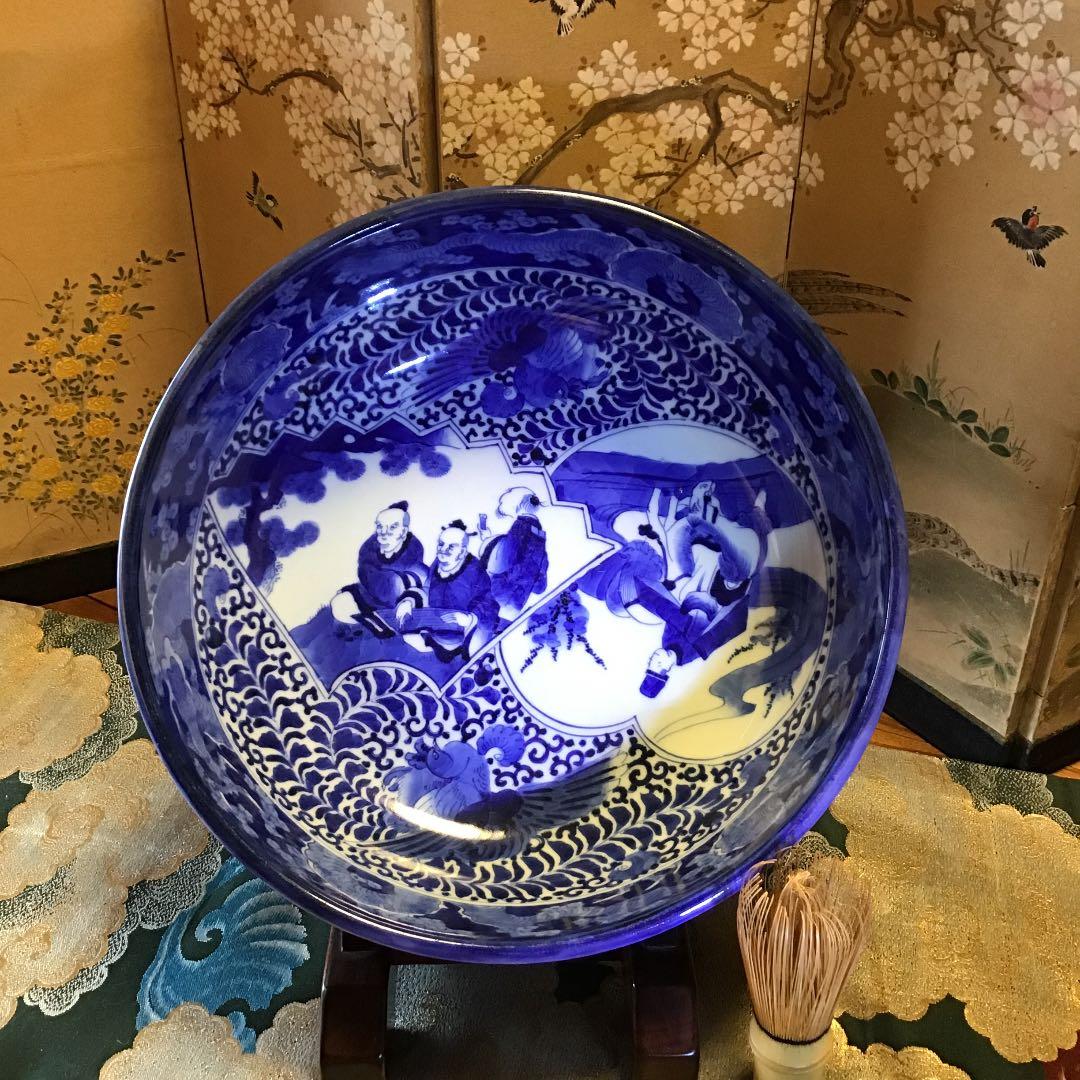 921古伊万里　染付　鳳凰に雲龍　竹林七賢人紋様　『角福』銘　大鉢　1客