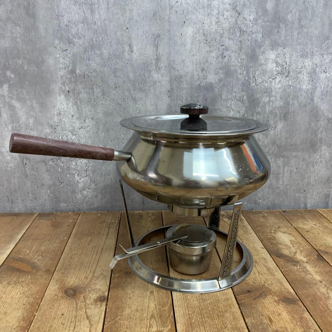 E-2 【希少・ヴィンテージ】ステンレス製 フォンデュ鍋セット 木柄 レトロ キ