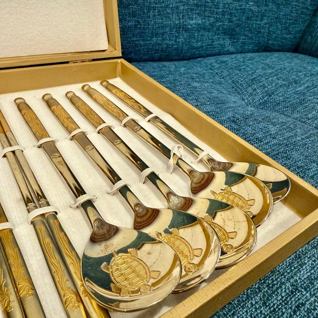美品 Golden Bell 金装飾 カトラリー 箸5膳 スプーン5本 ゴールド