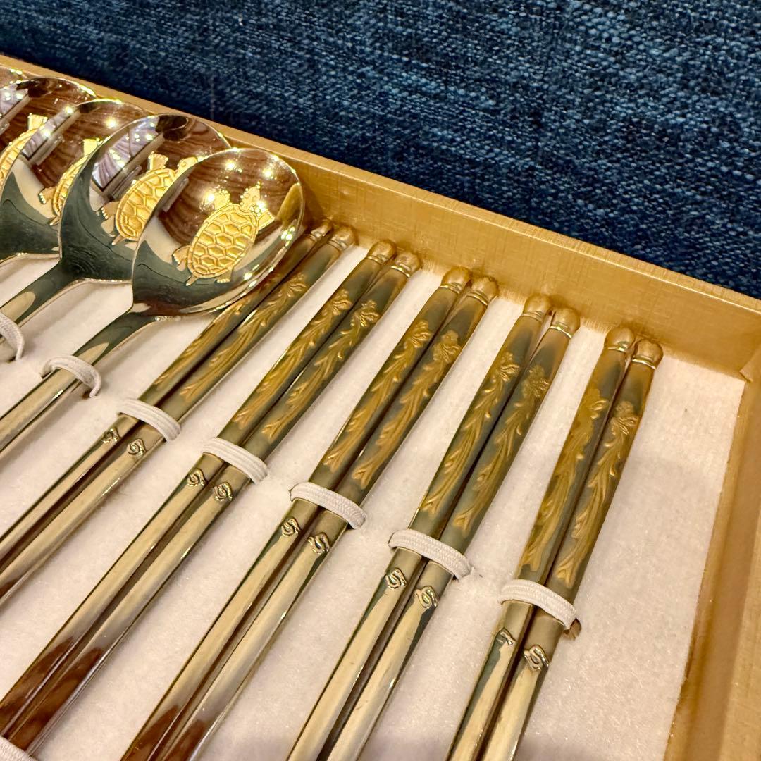 美品 Golden Bell 金装飾 カトラリー 箸5膳 スプーン5本 ゴールド