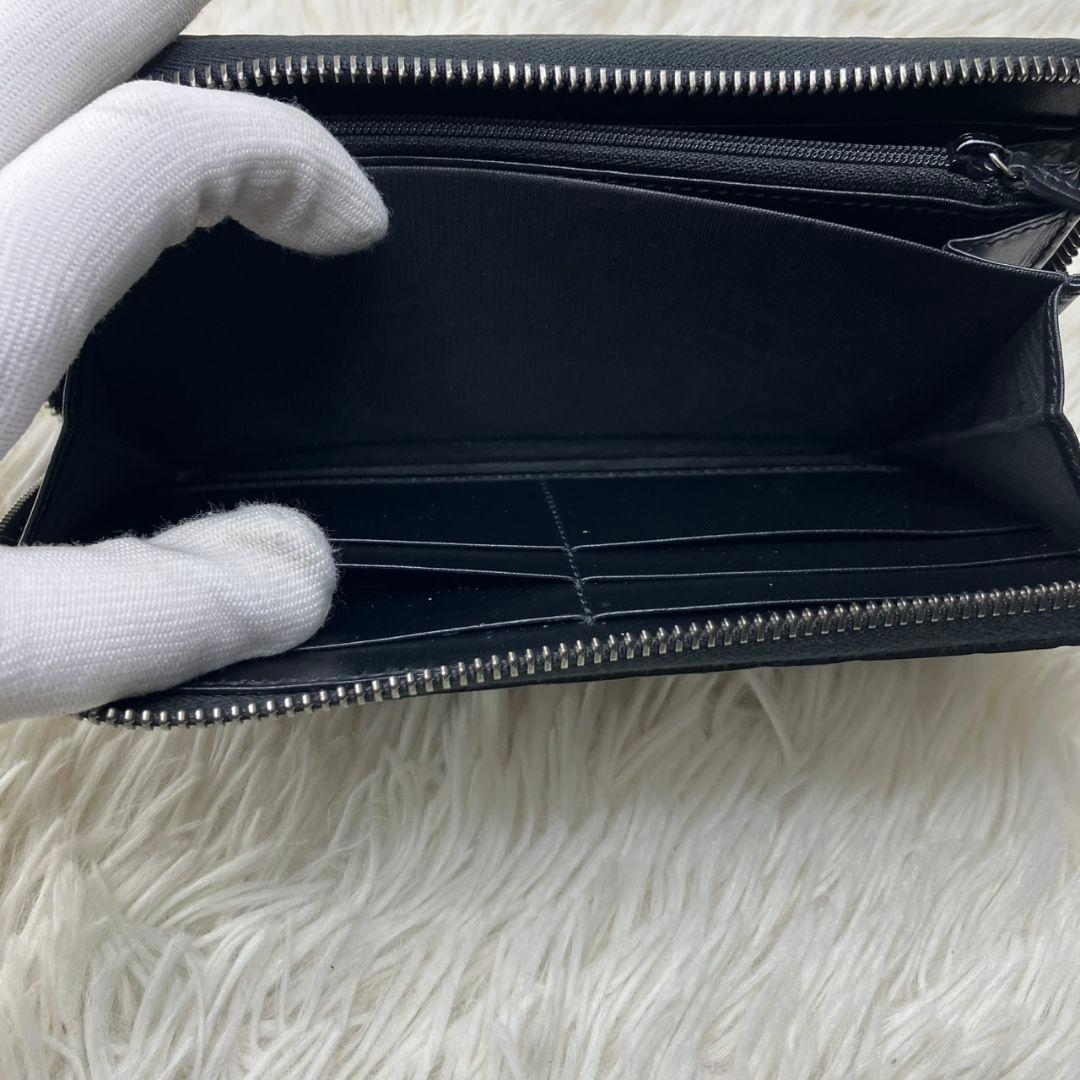 極美品⭐︎グッチ　長財布　ラウンドファスナー　GG柄　シマ　レザー　ブラック　黒