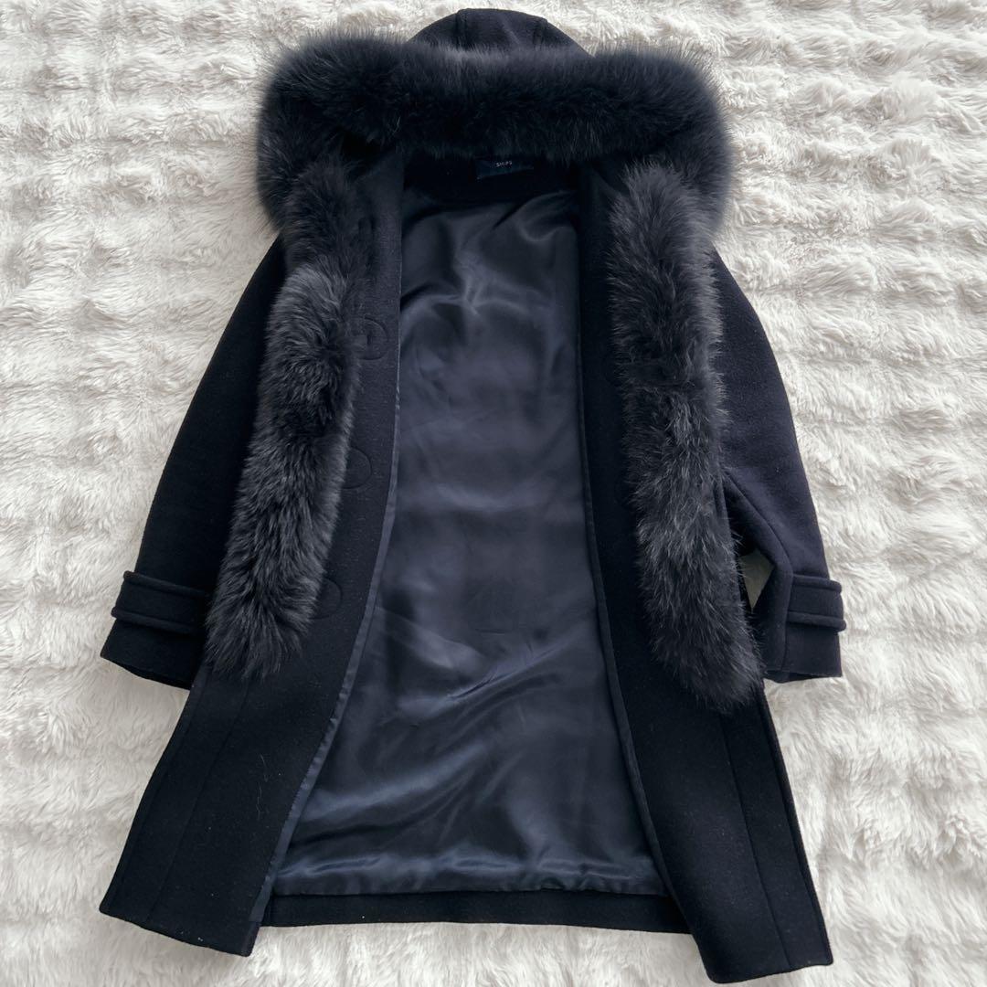 シップス★カシミヤ混　ファーダッフルコート　フォックスファー　2way ネイビー
