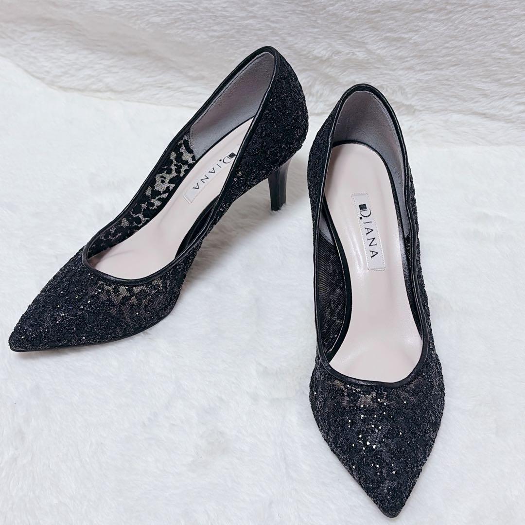 美品 DIANA グリッター ポインテッドトゥ パンプス レース 23cm