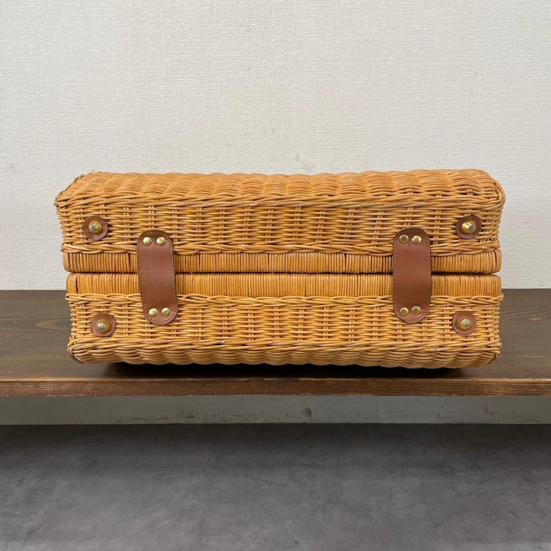 ヴィンテージ ラタン トランク レザー 本革 籐 バスケット レトロ ナチュラル