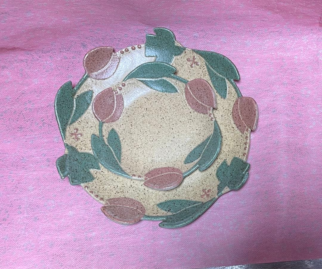 苔色工房　田中遼馬　大皿小皿セット　チューリップ　ミントグリーン・ピンク　新品