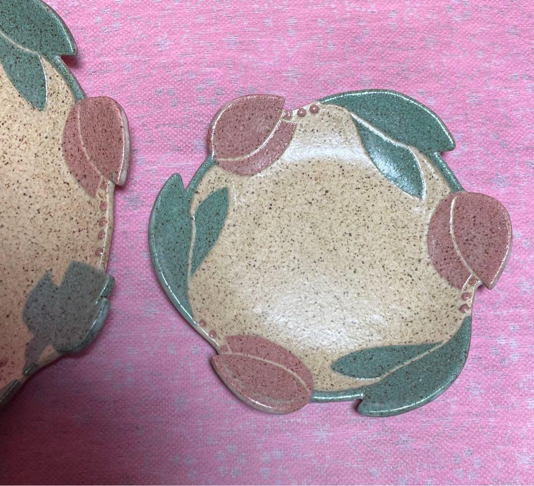 苔色工房　田中遼馬　大皿小皿セット　チューリップ　ミントグリーン・ピンク　新品