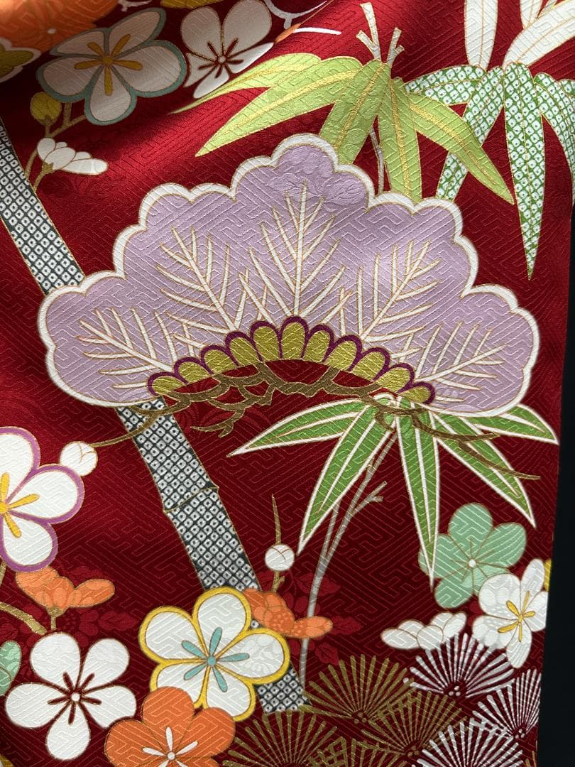たんぽぽ久保耕 京友禅 赤地 松竹梅 振り口付き振袖 袋帯 フルセット