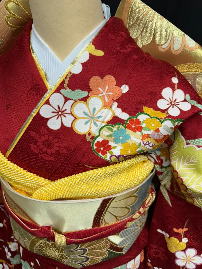 たんぽぽ久保耕 京友禅 赤地 松竹梅 振り口付き振袖 袋帯 フルセット