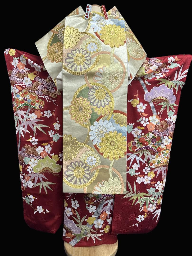 たんぽぽ久保耕 京友禅 赤地 松竹梅 振り口付き振袖 袋帯 フルセット