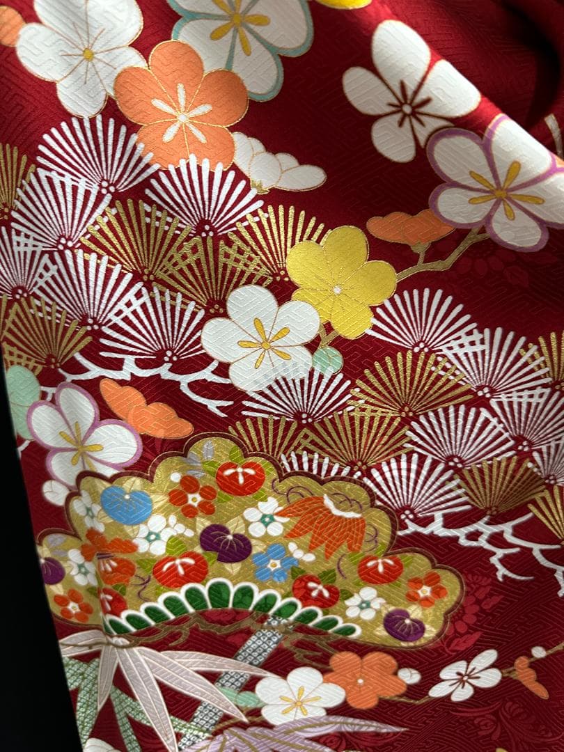 たんぽぽ久保耕 京友禅 赤地 松竹梅 振り口付き振袖 袋帯 フルセット