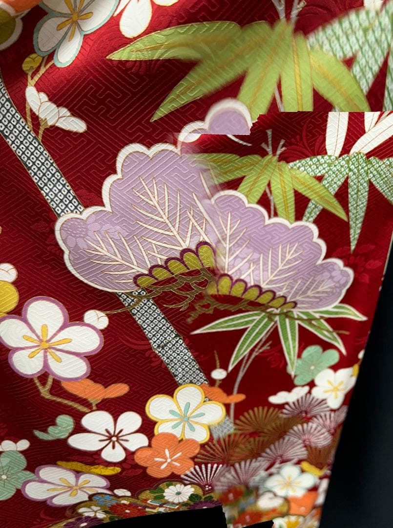 たんぽぽ久保耕 京友禅 赤地 松竹梅 振り口付き振袖 袋帯 フルセット