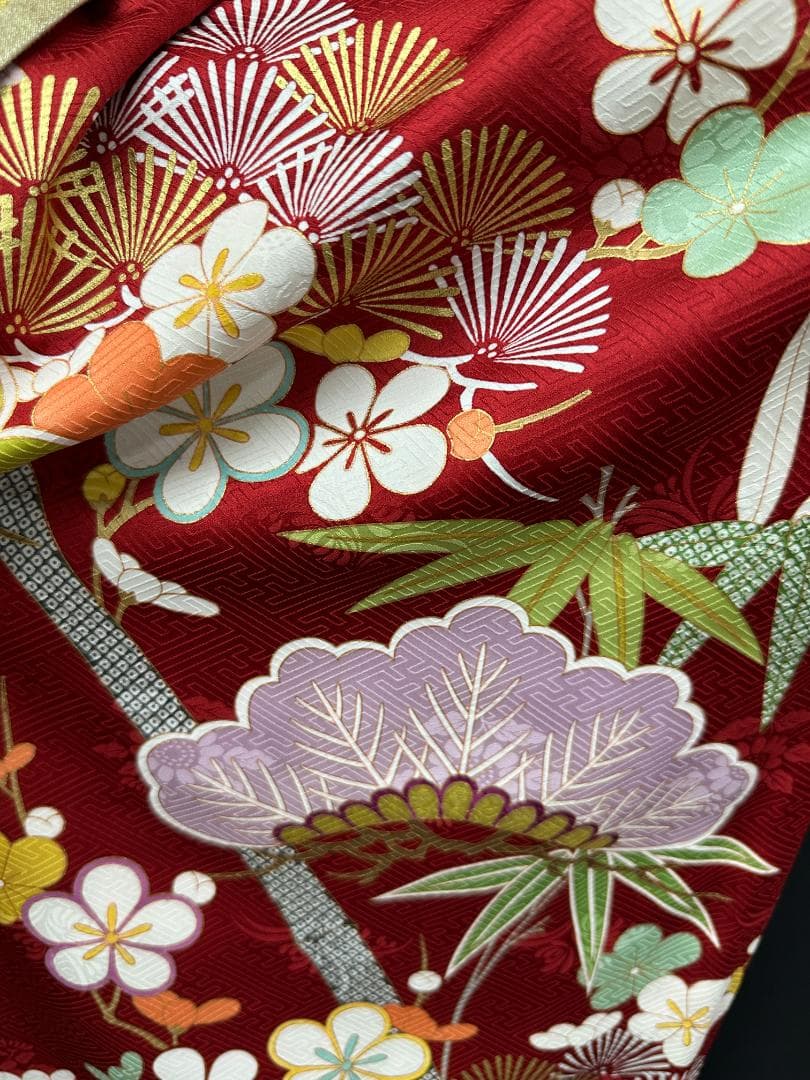 たんぽぽ久保耕 京友禅 赤地 松竹梅 振り口付き振袖 袋帯 フルセット