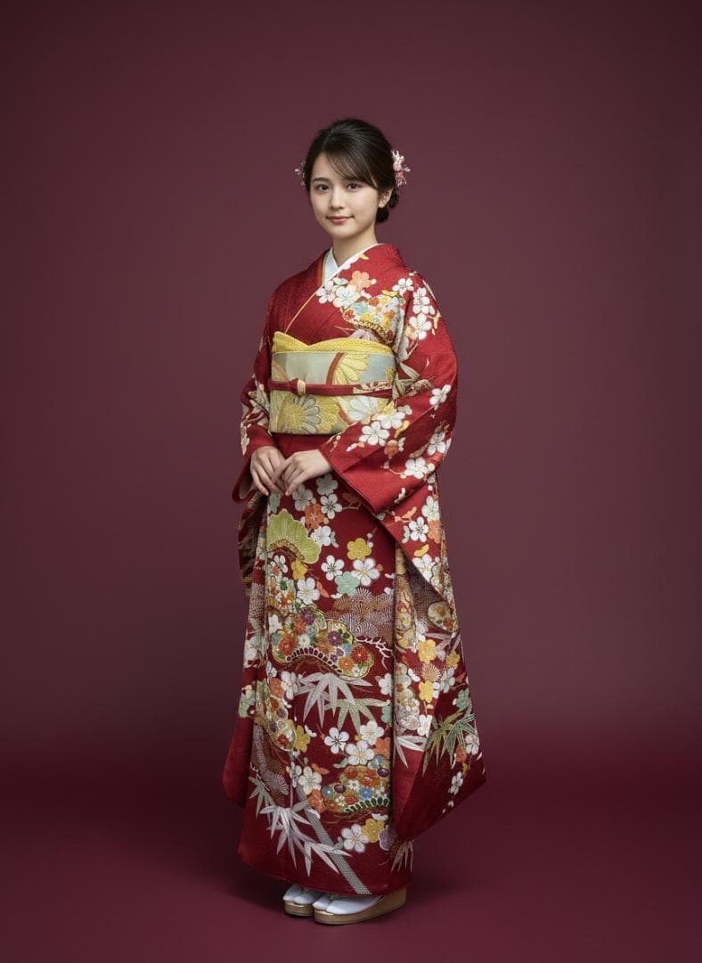たんぽぽ久保耕 京友禅 赤地 松竹梅 振り口付き振袖 袋帯 フルセット