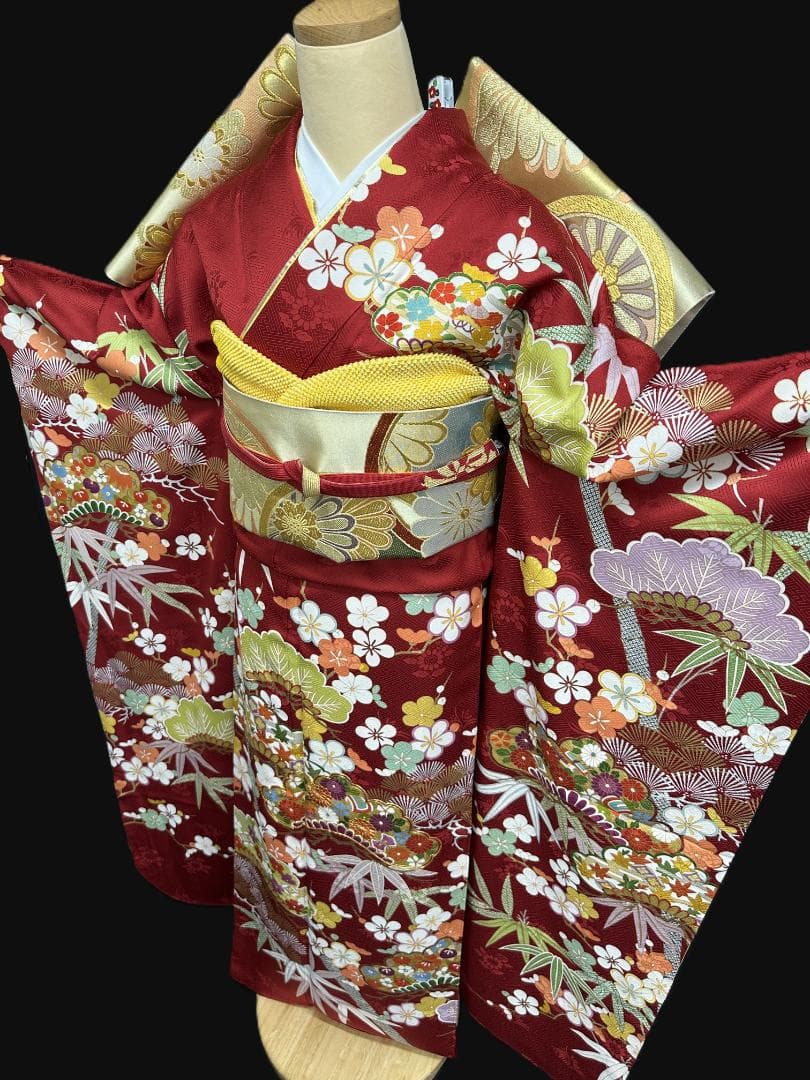 たんぽぽ久保耕 京友禅 赤地 松竹梅 振り口付き振袖 袋帯 フルセット