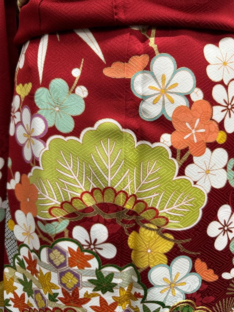 たんぽぽ久保耕 京友禅 赤地 松竹梅 振り口付き振袖 袋帯 フルセット