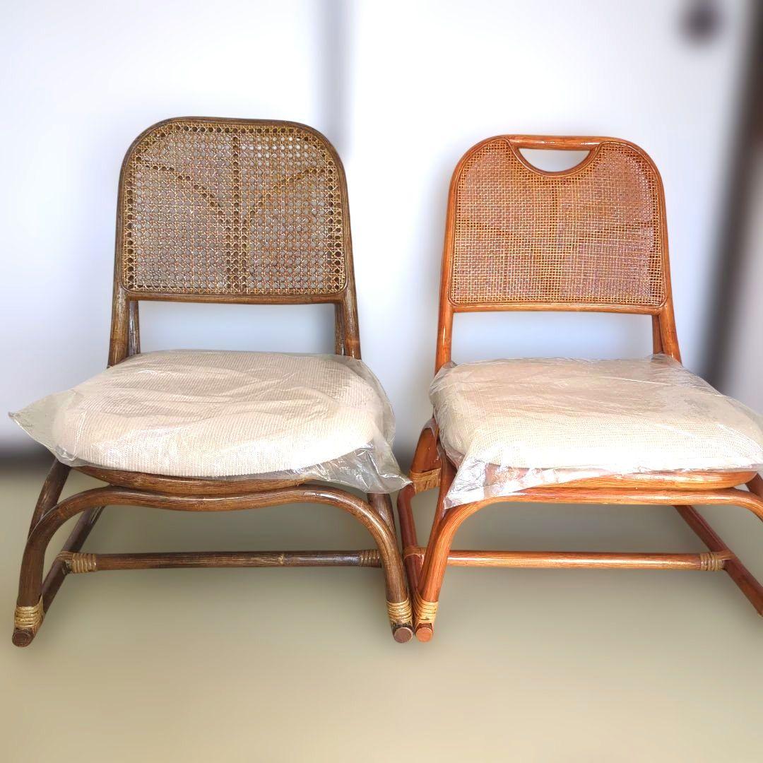 美品ラタン 籐 座椅子 クッション、ビニ−ル付き2脚セット