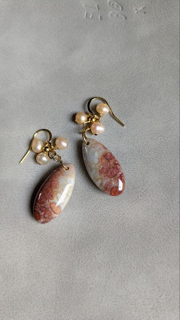 2way フォッシルコーラル＆淡水パール　 ピアス／イヤリング
