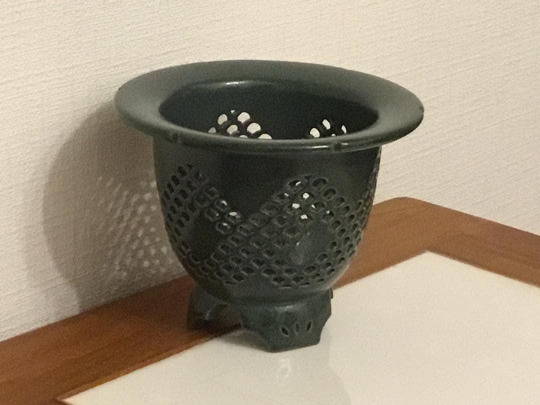 天山鉢 天山工房　緑青海波 透かし 鉢　濃緑