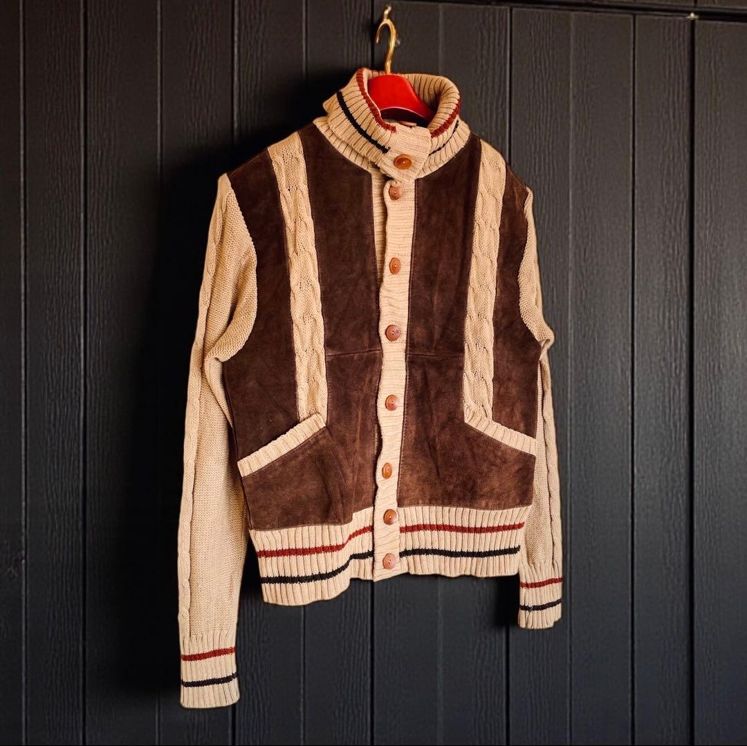 Euro vintage レザー切り替えニットジャケット スエードジャケット L