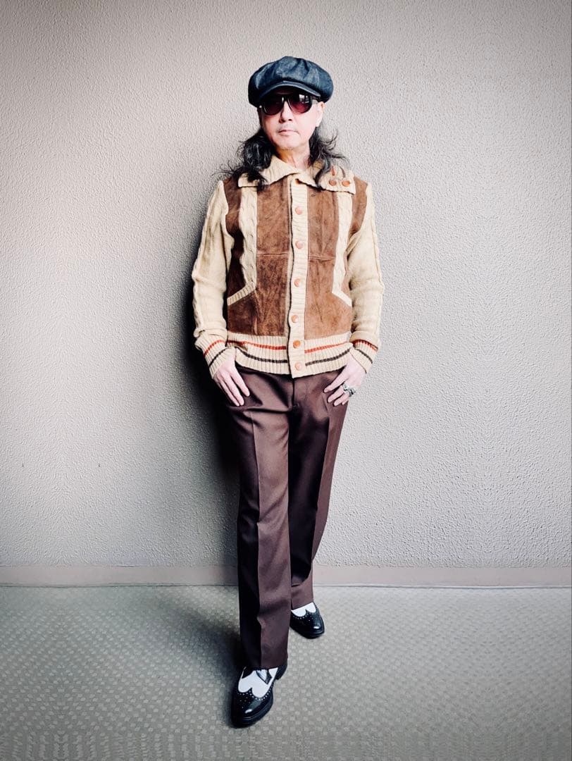 Euro vintage レザー切り替えニットジャケット スエードジャケット L