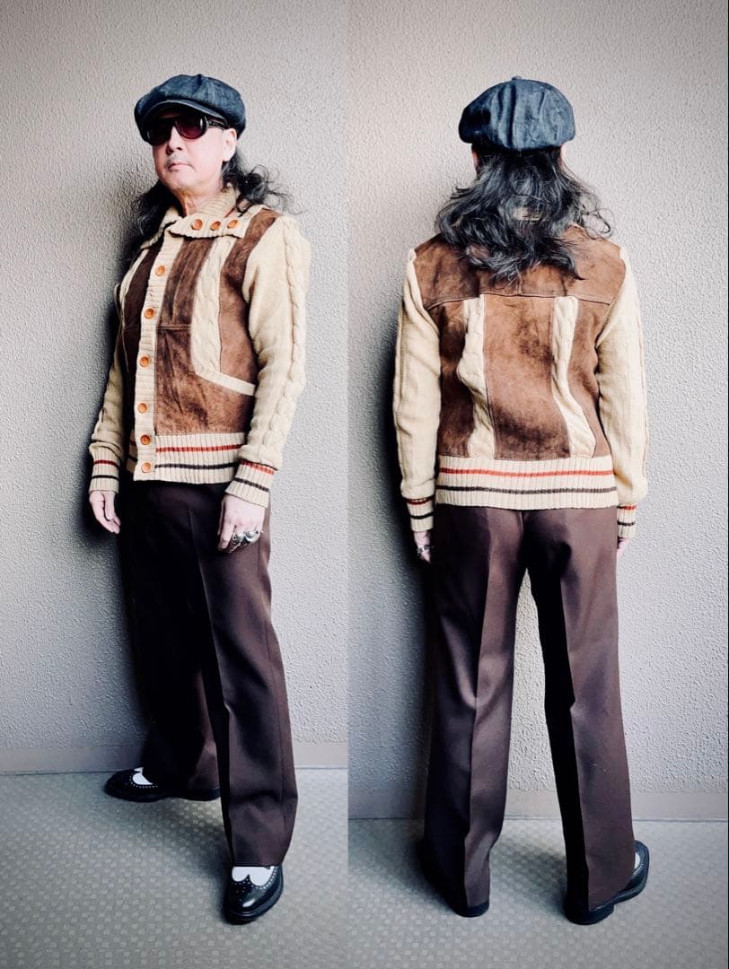 Euro vintage レザー切り替えニットジャケット スエードジャケット L