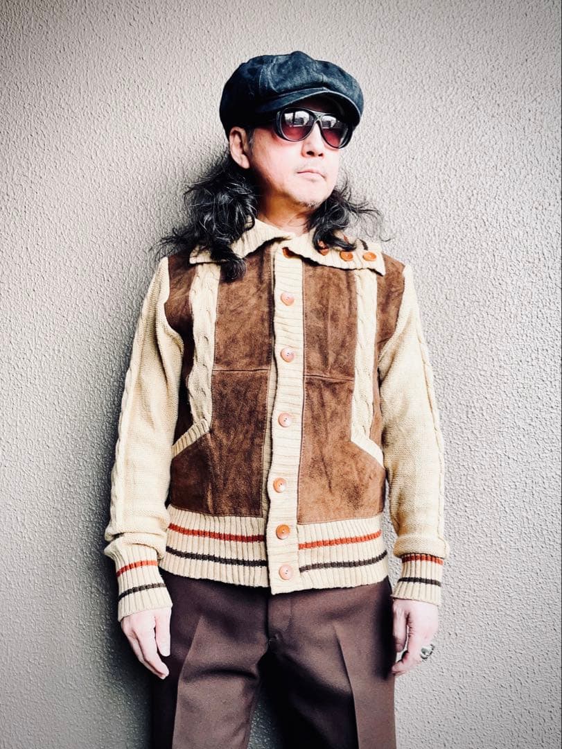 Euro vintage レザー切り替えニットジャケット スエードジャケット L