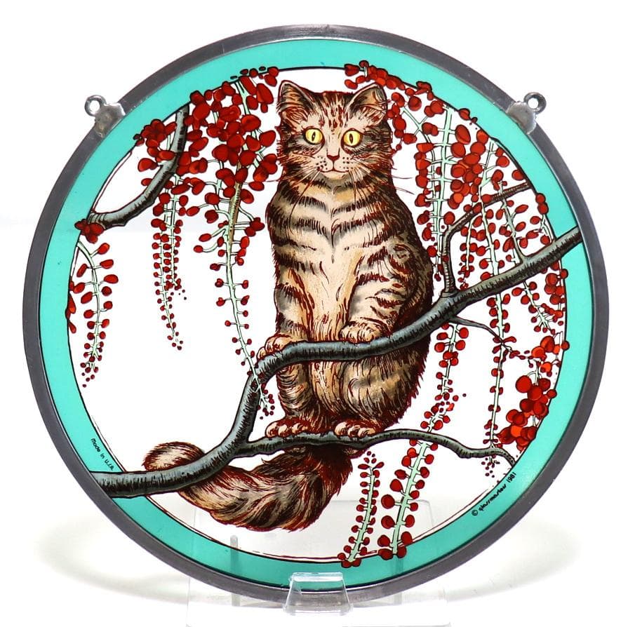 枝の上で佇む猫 大型 ヴィンテージ ステンドグラス キジトラ