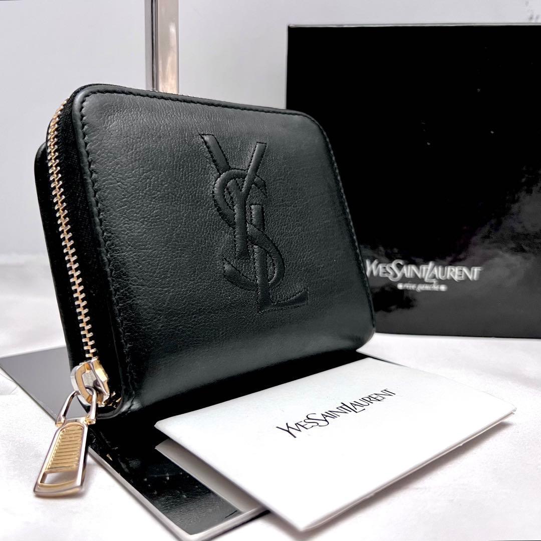 ◇箱付き極美品◇イヴサンローラン　カサンドラ刺繍　二つ折り財布　ブラック